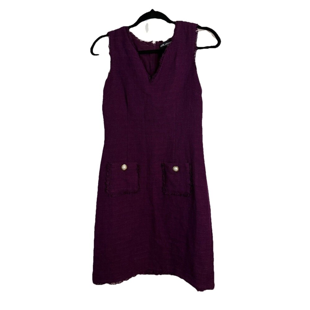 Karl Lagerfeld Paris Tonal Tweed Frayed Hem Pocket Plum Shift Dress S Chic